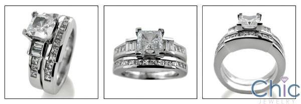 1 Ct . Princess CZ Engagement Ring and Matching Channel Wedding Band Cubic Zirconia 14K W Gold