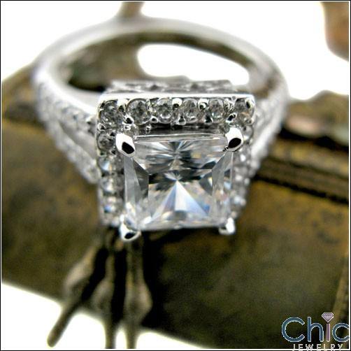 1.5 Cubic Zirconia Princess Halo Pave 14 k White Gold Engagement Ring