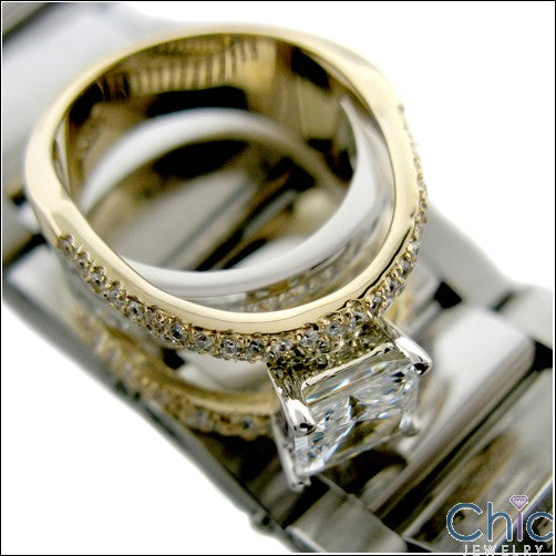 Cubic Zirocnia Engagement Ring Princess 1.5 Ct Center Two Tone 14K Gold Channel Pave Shank