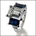 3 Stone Cubic Zirconia Ring 2 Carat Emerald Cut Center Sapphire Color Emerald Shape Sides 14K White Gold