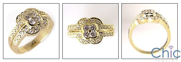 Fine Jewelry Flower Petal Bezel  Pave Set Cubic Zirconia Ring 14K Yellow Gold
