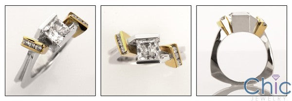 High Quality Cubic Zirconia Princess Cut Engagement Ring Euro Shank Two Tone 14K Gold