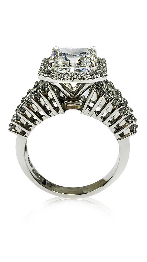 High Quality cubic zirconia Radiant Cut Engagement Ring with baguettes and round stones 14k White Gold