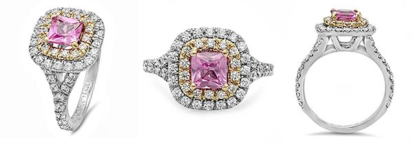 Rose and White Gold 14K Cubic Zirconia Pink Princess Cut Halo Pave Engagement Ring